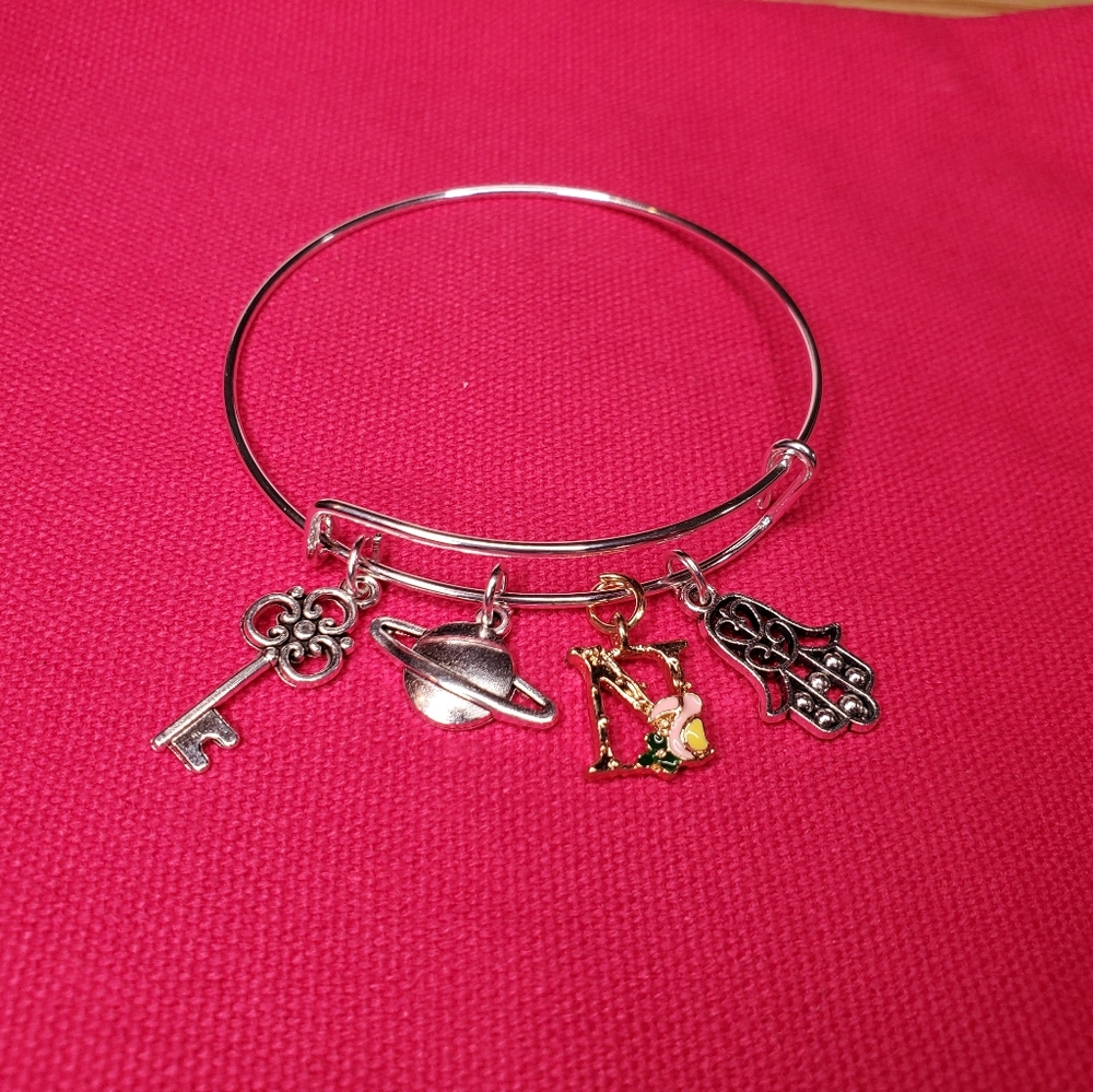 Handmade Silver Bangle w/ Letter N charm